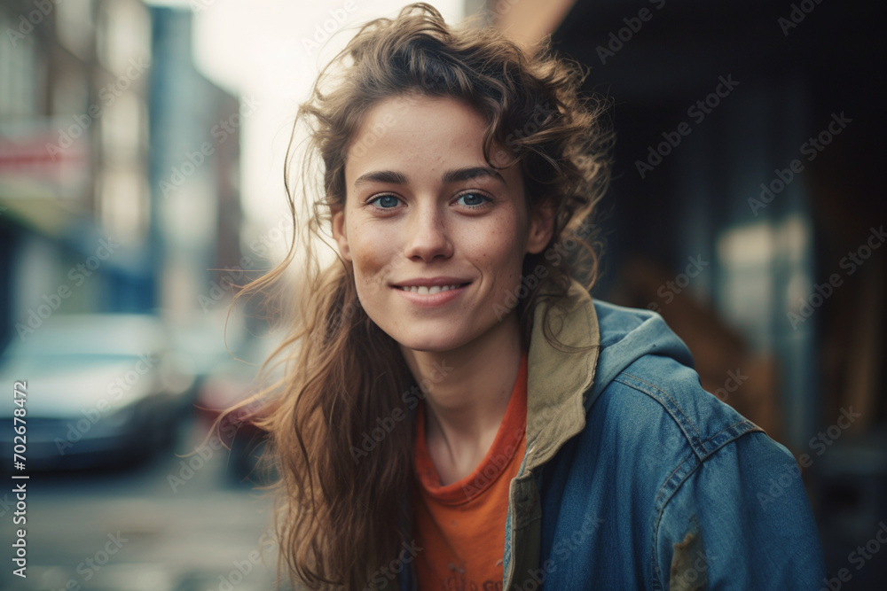 Portrait of a beautiful young smiling woman on a city street during a spring day