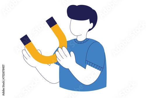 Male character holding a magnet to attract an acquisition