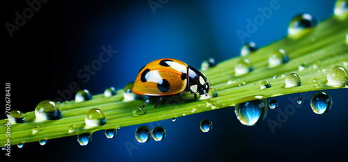 Closeup ladybug,lady beetle with water dew drops on greenery leaves plant.organic or ecology concepts backgrounds.clean and pure nature idea