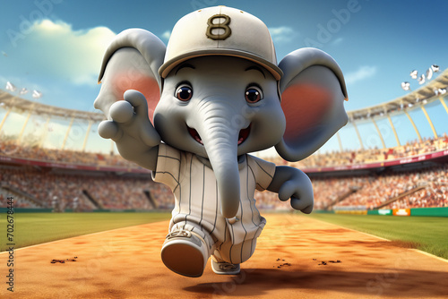 Cute cartoon character elephant is baseball player. Generative AI image.