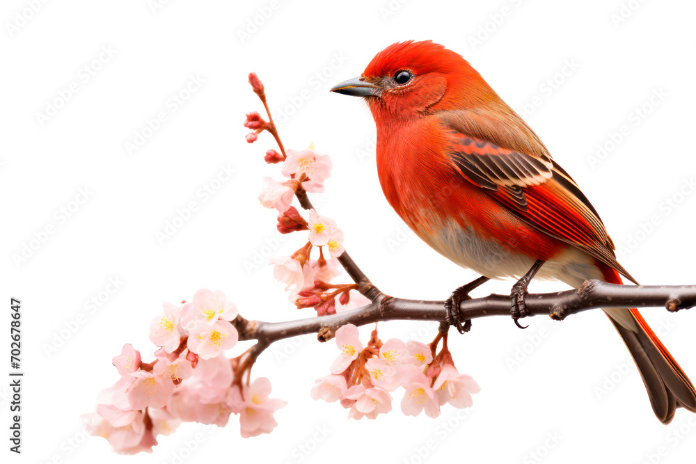 A little songbird is standing on a blossom branch on transparent background