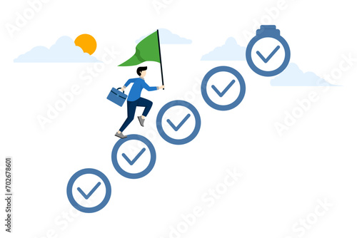 businessman steps on checklist to move forward towards target. Progress from start to success, challenges to progress and win the competition, tasks to project completion, development. flat vector.
