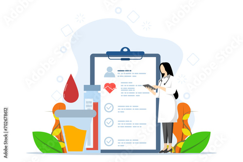 medical test concept. Health care and medicine concept. The laboratory doctor or chemist tests the patient's urine and blood samples. Flat vector illustration on white background.