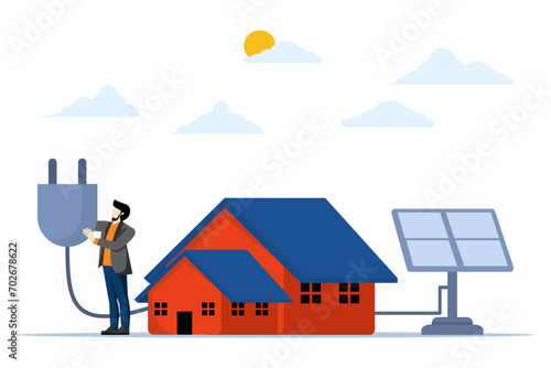 sustainable energy concept. Character holding electric plug. Solar power plants are the embodiment of the concept of green energy and renewable energy. Flat vector illustration on white background.