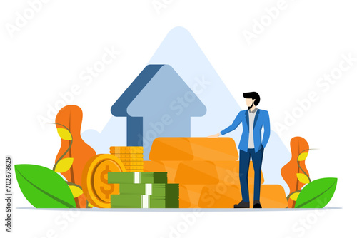 Gold investment concept. Successful investor or businessman standing next to a pile of gold bars. Financial literacy, goal setting. dollars and coins were exchanged for piles of gold bullion.