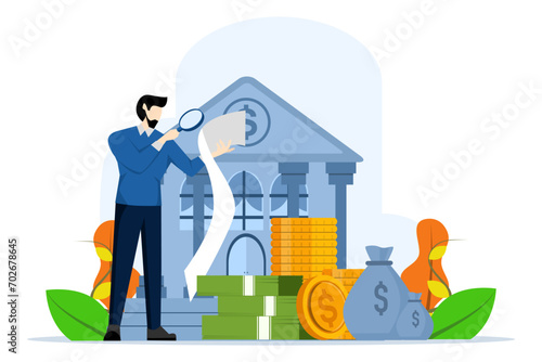 financial management concept. Character counting money for savings, analyzing public finance, saving money concept. Financial audit concept. Flat vector illustration on white background.