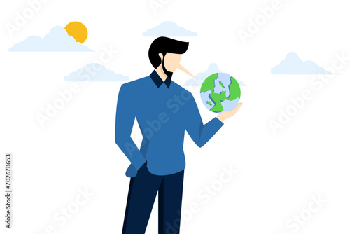 Pinocchio-nosed businessmen lie about saving the world. wild can't keep promises or reduce pollution greenhouse effect, global warming problem concept, climate change failure of world leaders. vector.