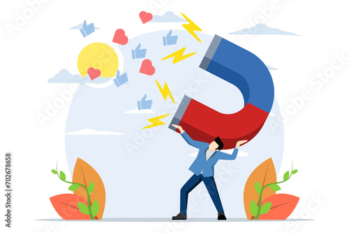 Social media marketing, businessman using magnet to draw symbols of love and success. SNS or social networking services, influencers or online advertising, customer engagement to attract users.