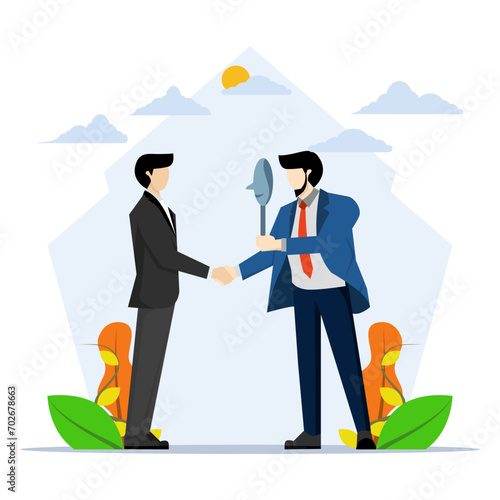 concept of dishonest or false agreement, deception or suspicion, betrayal, hidden threat ready to stab in the back. businessman shaking hands with one of the masks to hide his true thoughts.
