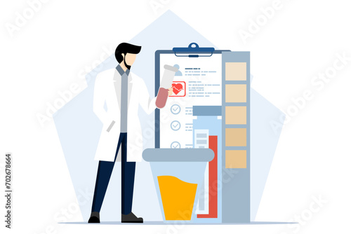 medical test concept. Health care and medicine concept. The laboratory doctor or chemist tests the patient's urine and blood samples. Flat vector illustration on white background.