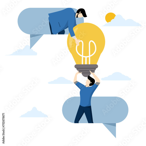 coworkers standing in speech bubbles talking about new ideas. Business communication, work discussion or conversation to gather new ideas, business people. flat vector illustration on white background