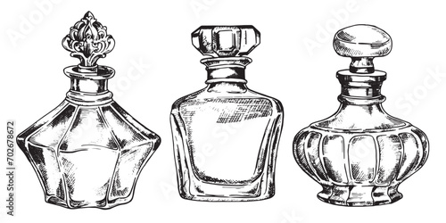 set of bottles with perfume, vector drawing in sketch style. vintage bottles