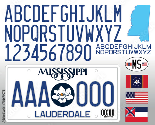 Mississippi US state car license plate new pattern 2024 with letters, numbers and symbols, vector illustration, USA