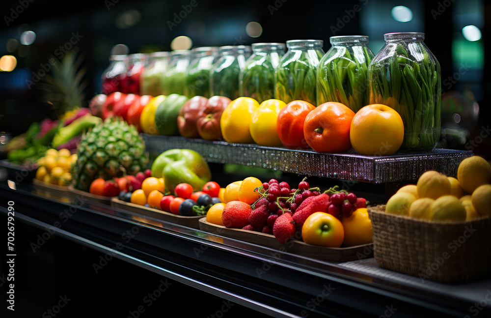 Fresh fruits and vegetables in a supermarket. A display of various fruits and vegetables on a shelf