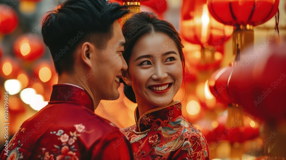 Young Chinese couple in traditional attire, smiling at the camera, Year