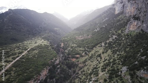 Drone footage of Velitsa Gorge near Tithorea municipality at sunset in Phthiotis, Greece photo