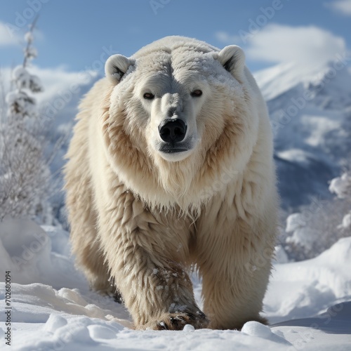Photo of a majestic and imposing polar bear in the snow. Generative AI © Aditya