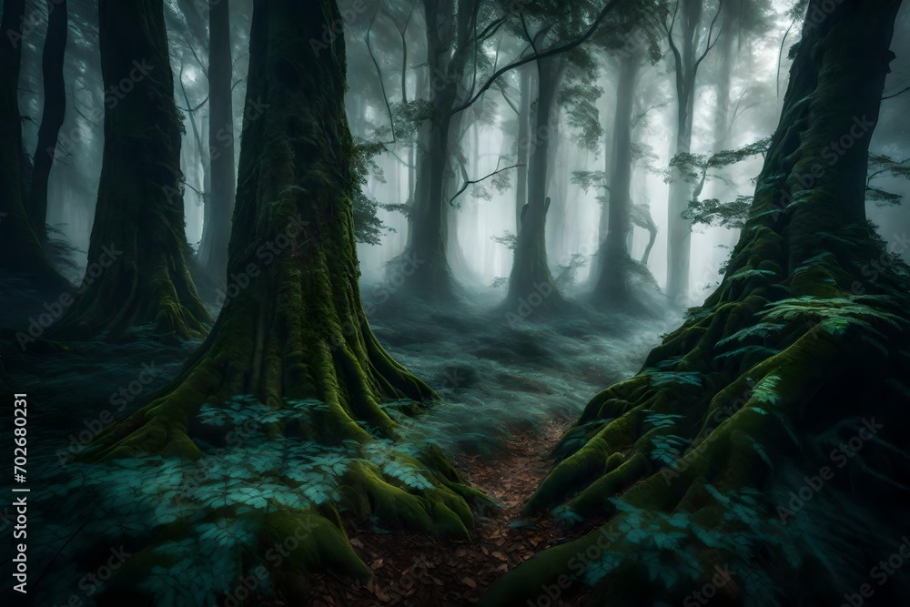A dense mist weaving through an ancient forest, creating an ethereal atmosphere among towering trees.