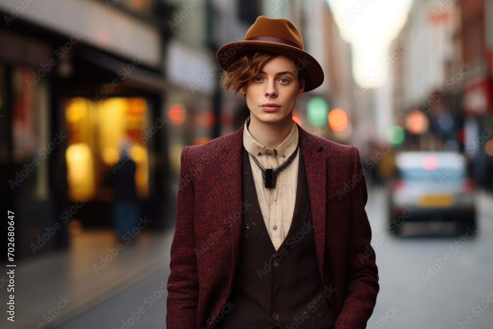 British young man with an androgynous style, wearing classic, chic attire on the streets of London