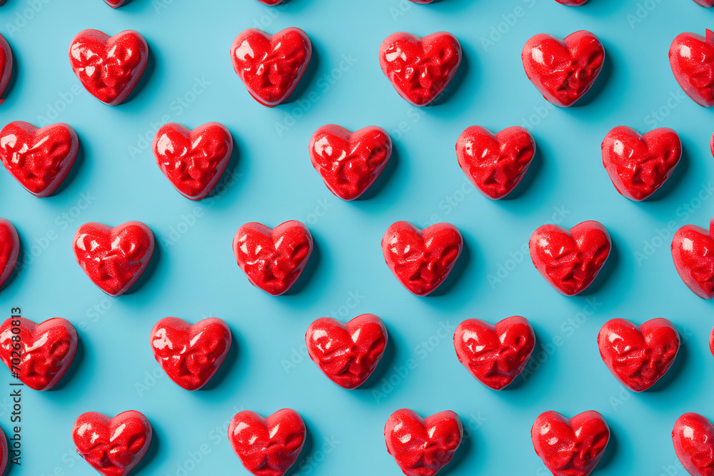 A repeating tile pattern of red equally spaced hearts on a bright blue background A repeating tile pattern of red equally spaced hearts on a bright blue background
