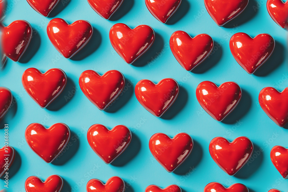 A repeating tile pattern of red equally spaced hearts on a bright blue background