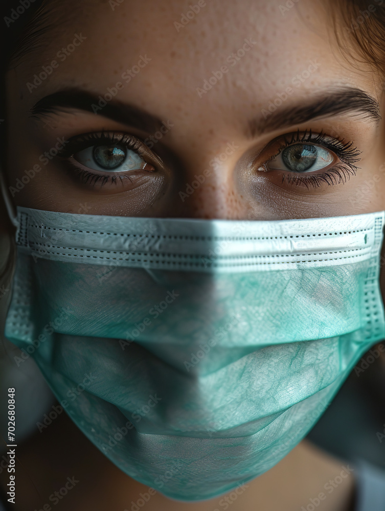 Close-up of a woman's face in a medical mask Close-up of a woman's face in a medical mask