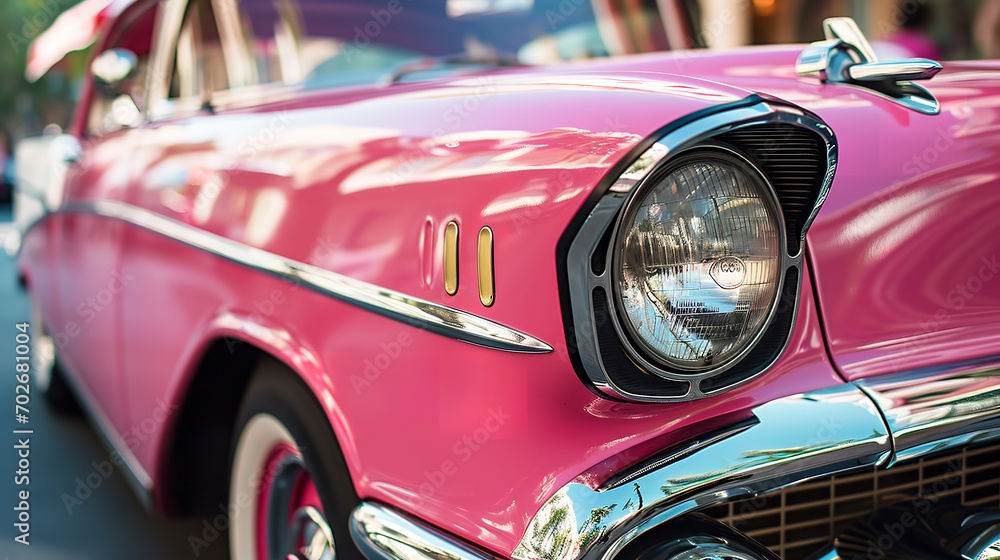 Pink retro convertible close-up.