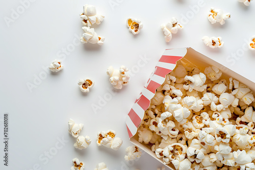 Popcorn in paper box, top view, white background