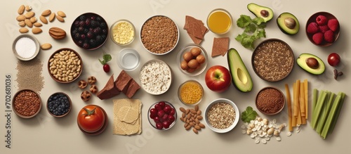 Groups of foods with high dietary fiber content are arranged side by side on a marble table