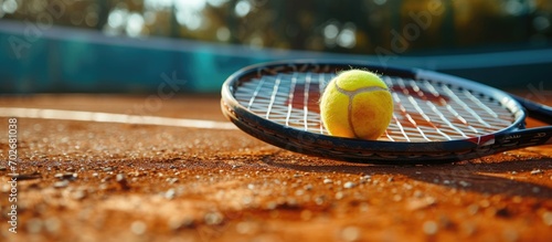 Closeup of the yellow tennis ball and racket on clay court.