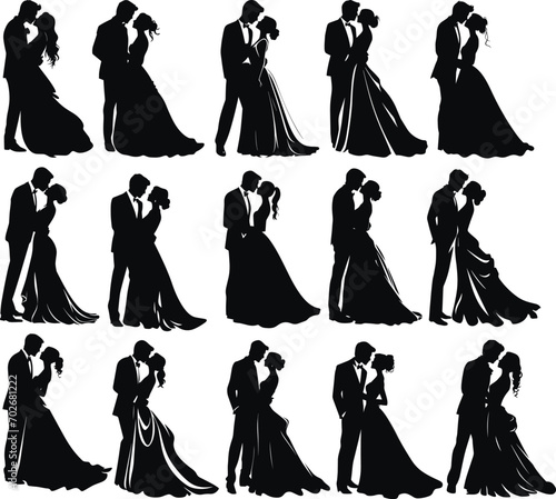 Bride and groom silhouette set icon, Wedding silhouette set icon, New family vector illustration	