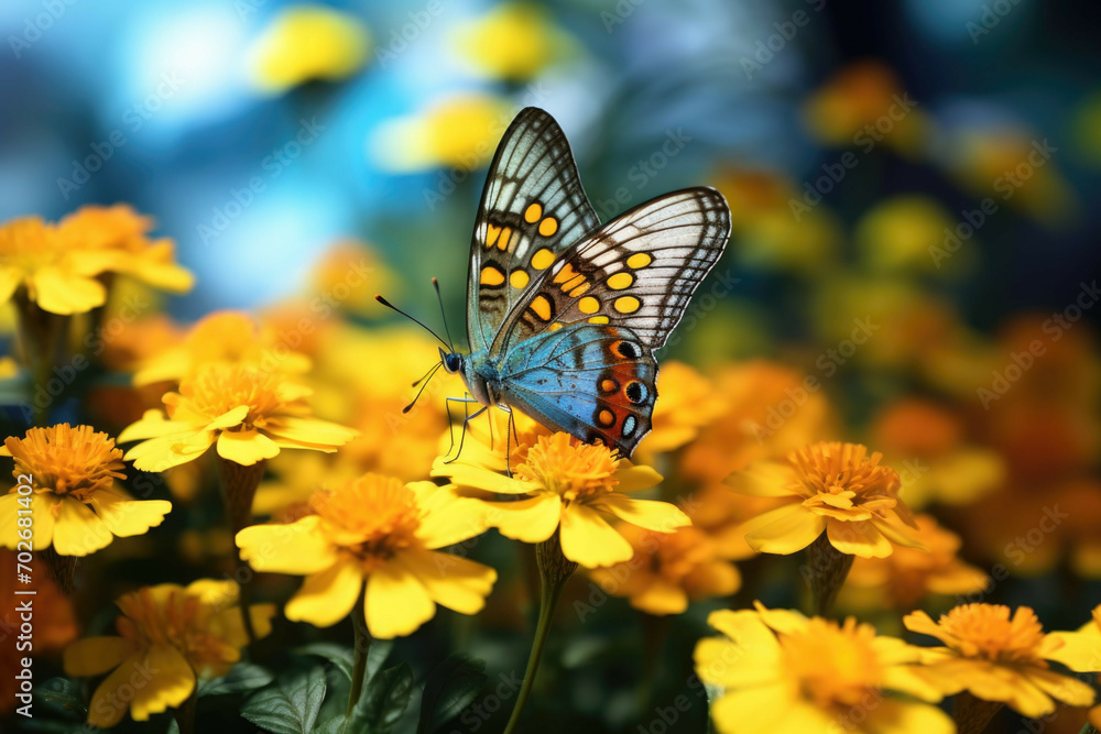 A close-up of a colorful butterfly perched on a bright yellow flower in a garden