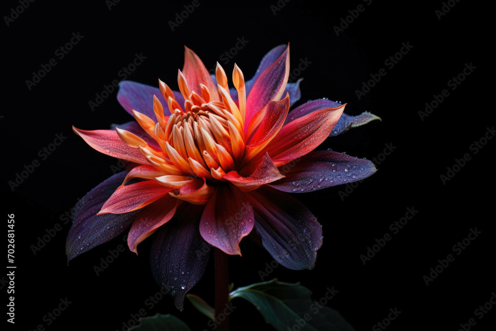 A close up of a vibrant and colorful flower against a black background, illuminated by a single light source