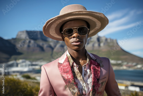 South African man with androgynous beauty, dressed in a stylish, contemporary outfit against the backdrop of Cape Town's Table Mountain