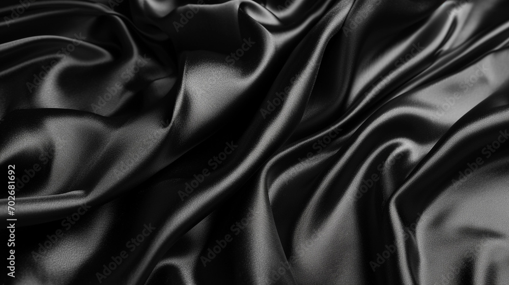Fototapeta premium Black silk satin. Dark elegant background with space for design. Creases in fabric. Shiny, soft, smooth. Wide banner. Panoramic. 