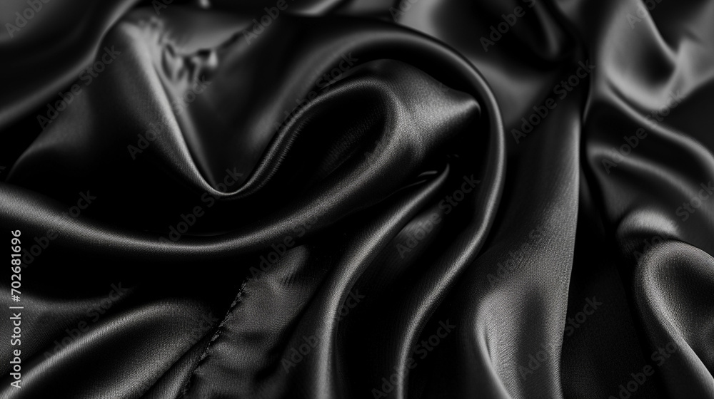 Fototapeta premium Black silk satin. Dark elegant background with space for design. Creases in fabric. Shiny, soft, smooth. Wide banner. Panoramic. 