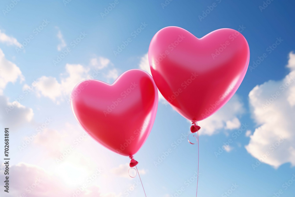Two heart-shaped balloons, one red and one pink, floating in a bright and vibrant sky