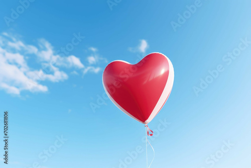 A close-up of a red and white heart-shaped balloon with a string, floating up and away in a clear blue sky