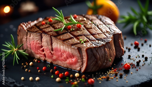 juicy steak meat on a dark background with spices