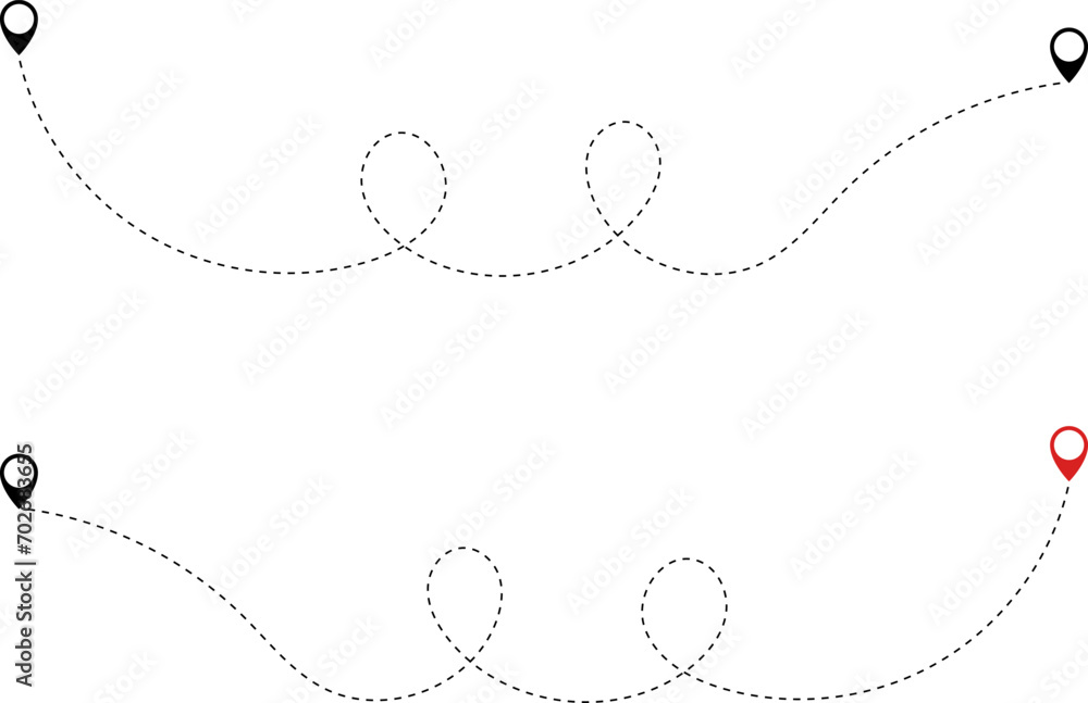 Route icon - two points with dotted path and location pin. Route location icon two pin sign and dotted line. Route icon - two points with dotted path and location pin. Route location icon two pin sign and dotted line.