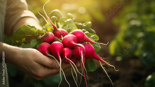 Farmer's hands holding fresh radish, closeup - Organic fresh harvested vegetables