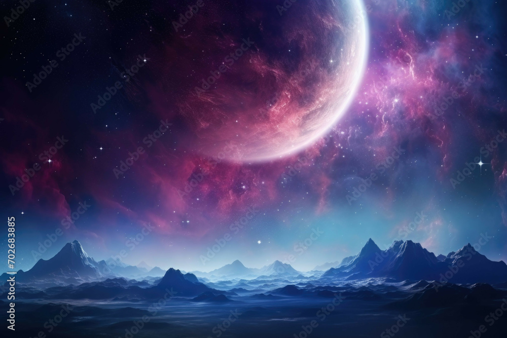 A view of a distant planet with a bright, colorful nebula in the background A view of a distant planet with a bright, colorful nebula in the background