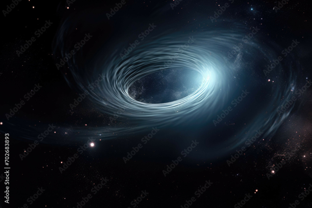 A shot of a distant black hole, with its dark matter illuminated in the darkness of space