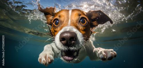 portrait of an adorable dog diving into the water