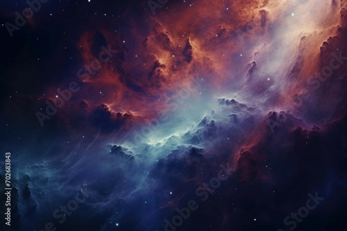 A close-up shot of a colorful nebula, with stars and gas clouds shining brightly in the background