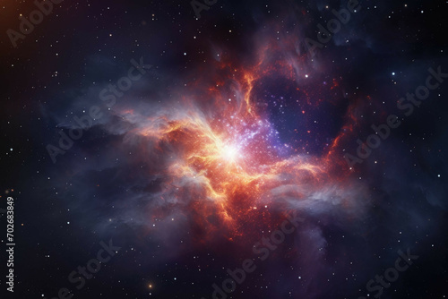 A view of a distant star with a bright, colorful nebula in the background