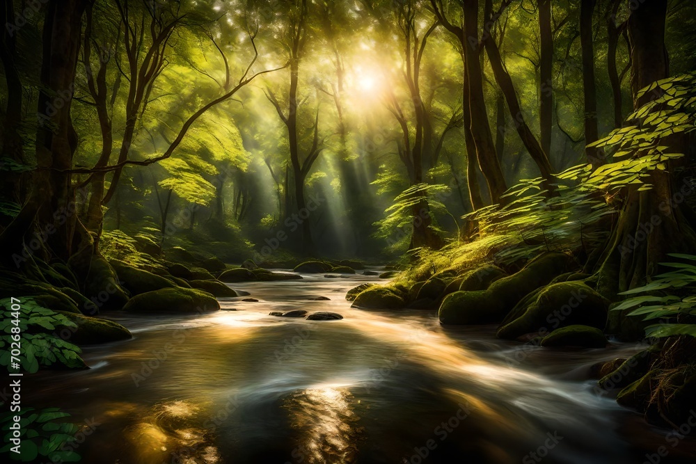 A tranquil river cutting through a dense forest, with sunlight filtering through the leafy canopy. A tranquil river cutting through a dense forest, with sunlight filtering through the leafy canopy.