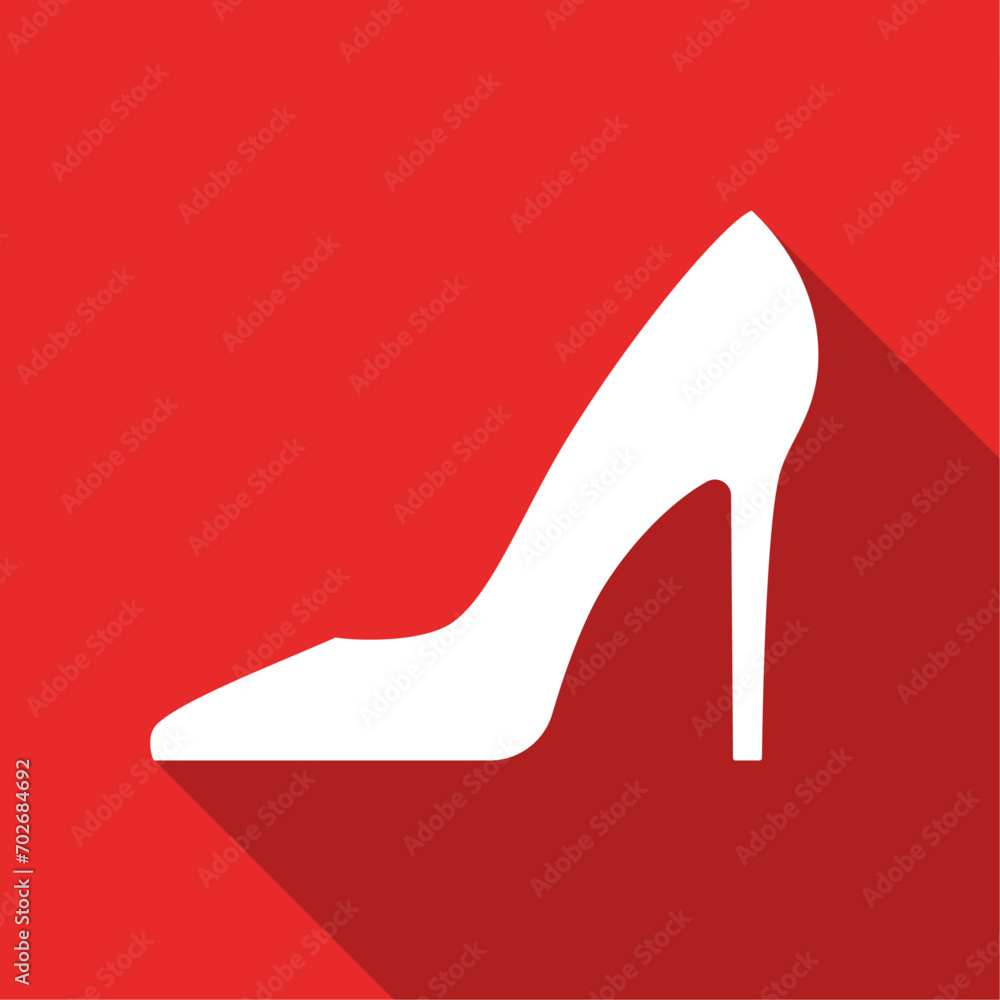 Women's shoes on high heel. White glyph on red background. Long shadow vector icon. Women's shoes on high heel. White glyph on red background. Long shadow vector icon.