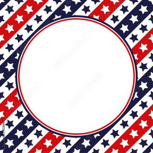 Vector round frame template with copy space. American classic stars and stripes ornament in blue, red and white colors. 