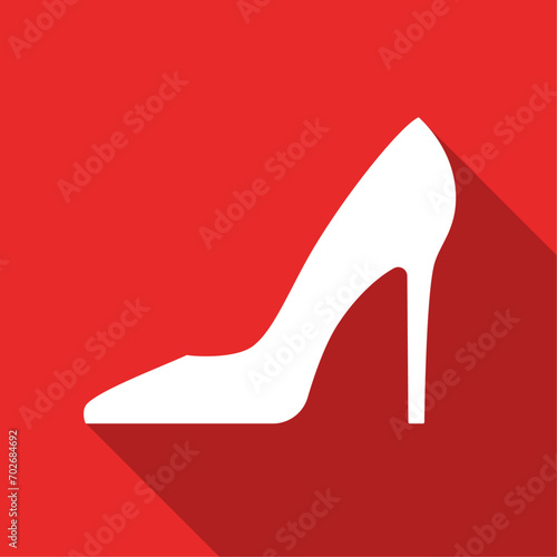 Women's shoes on high heel. White glyph on red background. Long shadow vector icon.